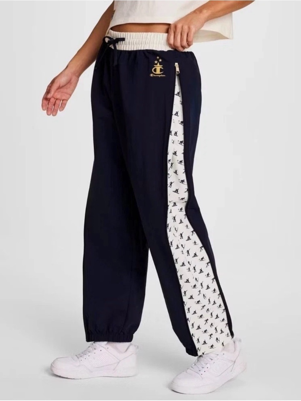Champion Gold Medal : side zip Nyon Navy Joggers with White Logo Side Panel